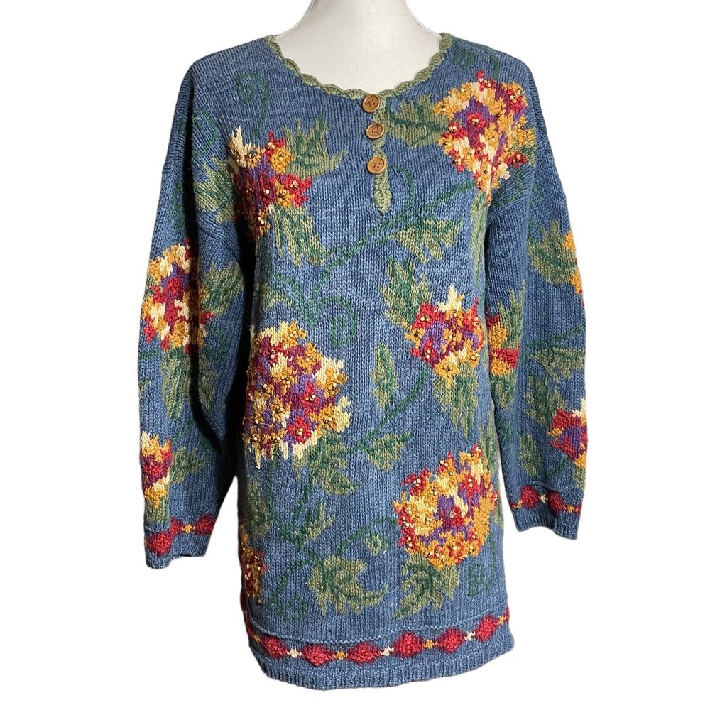 Floral 3D Knit Sweater Dress M Tunic Hand Knit Rainbow Beaded Chunky Longline